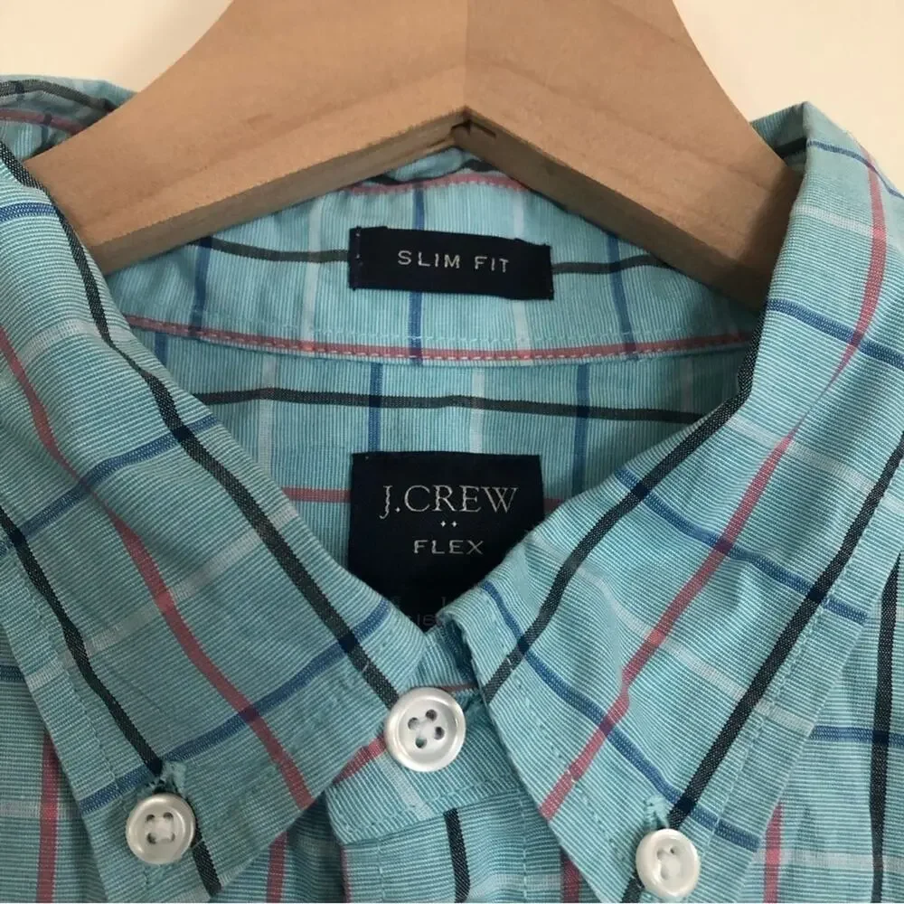 J. Crew Men's Slim Fit Flex Stretch Blue Plaid Button Down Shirt Large